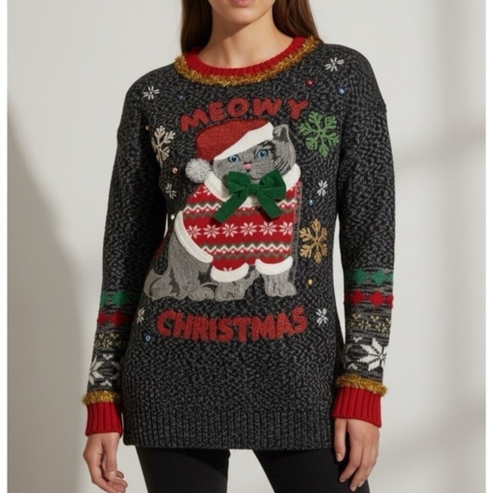 United‎ States Sweaters Ugly Christmas Sweater Women S Black Meowy Cat Sequin